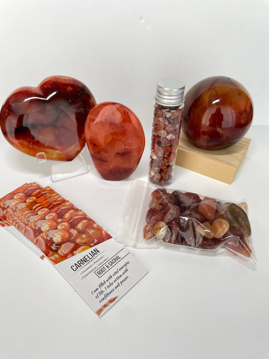 6 pc Carnelian sphere heart w/ info cards FD65